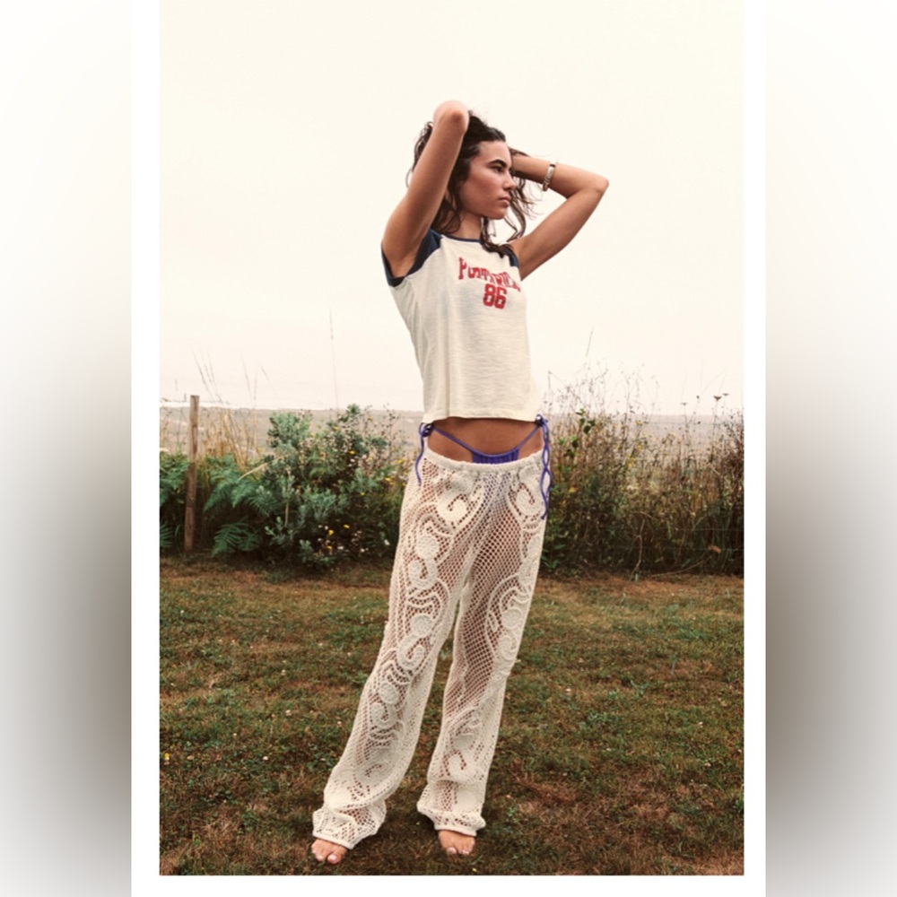 ZARA CROCHET PANTS OYSTER-WHITE 
Cream Crochet Pants with Blue Accents. Size M